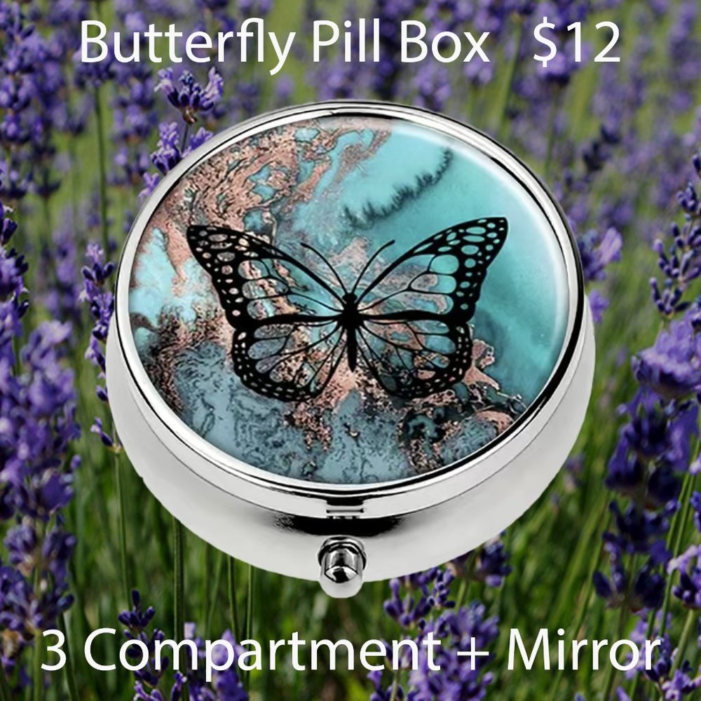 Small Butterfly Theme Stainless Steel Pill Box - Button Box - Findings Box